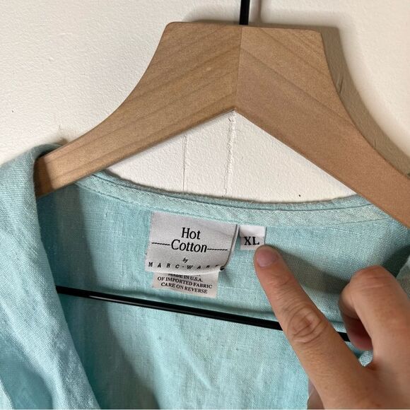 Hot Cotton Linen Baby Blue Aqua Button-Up Long sleeve Shirt Ruffle Hem XL - Picture 3 of 8